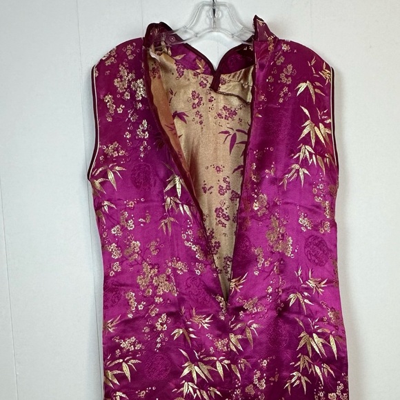 Vintage Fuchsia Gold Silk Cheongsam Dress XL - Picture 8 of 9